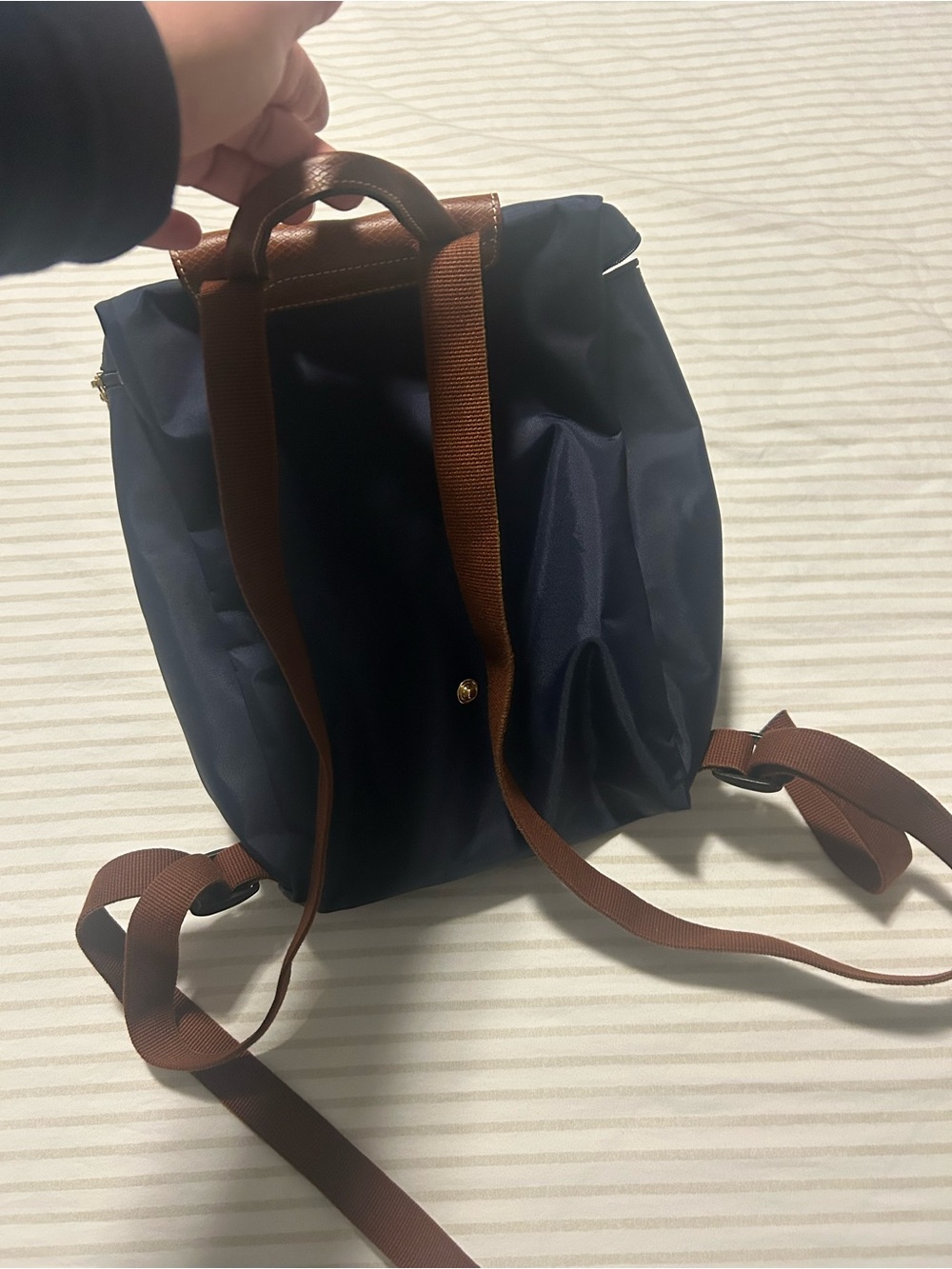 Longchamp Navy Nylon Backpack with Brown Leather Flap - Picture 5 of 5